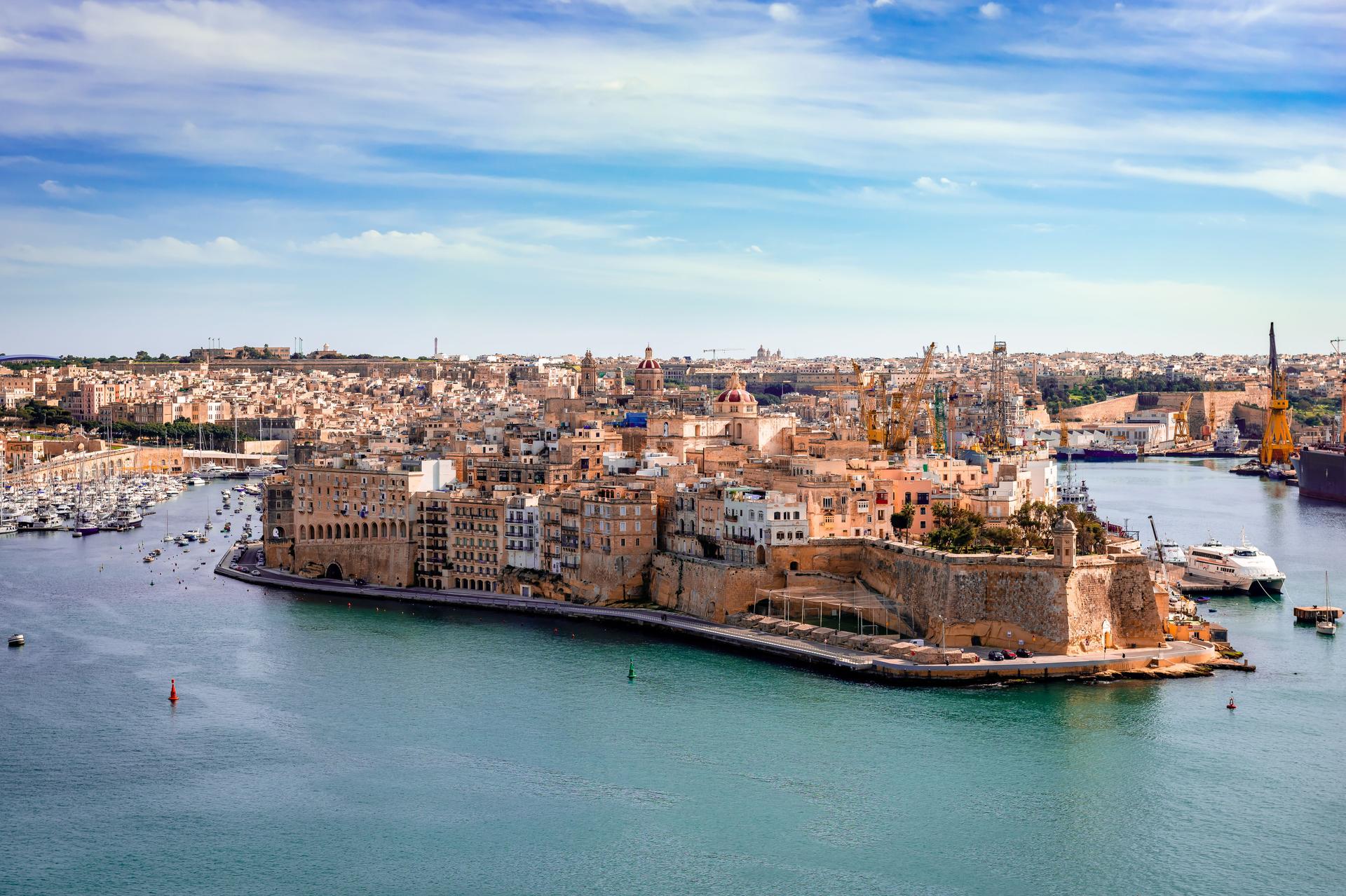 Birgu, or Vittoriosa with St Angelo fort, seen from Upper Barrakka Gardens, Valetta.